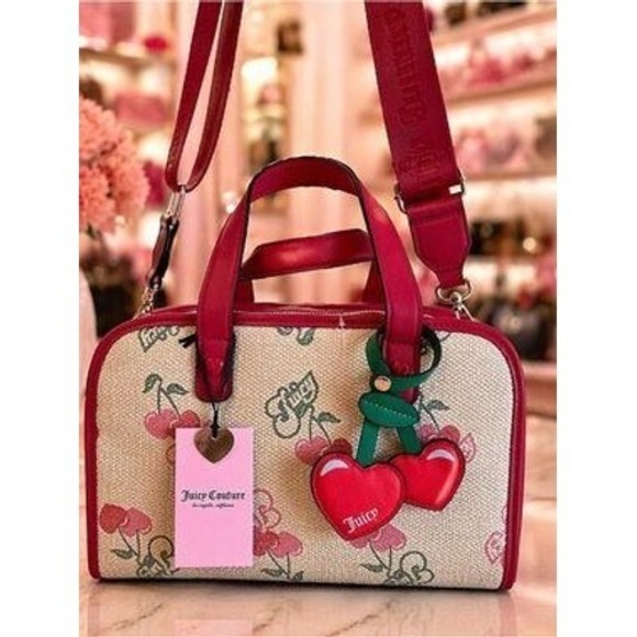 Juicy Couture Handbags - Juicy Couture Paradise Satchel Red Cherry Print Woven Straw Crossbody Bag NWT
